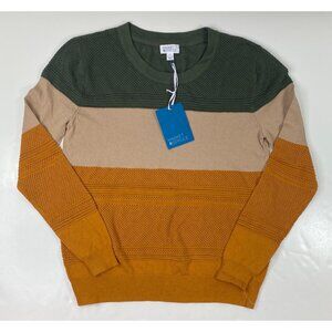 Market & Spruce Womens Olive Tan Mustard Color Block Textured Sweater Size L